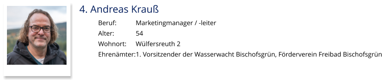 4. Andreas Krauß Beruf:		Marketingmanager / -leiter Alter:		54 Wohnort: 	Wülfersreuth 2 Ehrenämter:	1. Vorsitzender der Wasserwacht Bischofsgrün, Förderverein Freibad Bischofsgrün