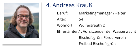 4. Andreas Krauß Beruf:		Marketingmanager / -leiter Alter:		54 Wohnort: 	Wülfersreuth 2 Ehrenämter:	1. Vorsitzender der Wasserwacht  Bischofsgrün, Förderverein  Freibad Bischofsgrün