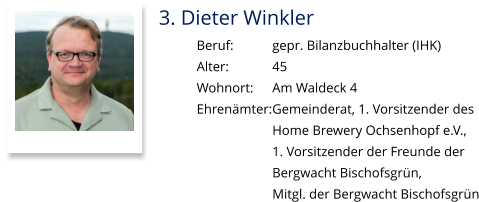 3. Dieter Winkler Beruf:		gepr. Bilanzbuchhalter (IHK) Alter:		45 Wohnort: 	Am Waldeck 4 Ehrenämter:	Gemeinderat, 1. Vorsitzender des  Home Brewery Ochsenhopf e.V.,  1. Vorsitzender der Freunde der Bergwacht Bischofsgrün,  Mitgl. der Bergwacht Bischofsgrün